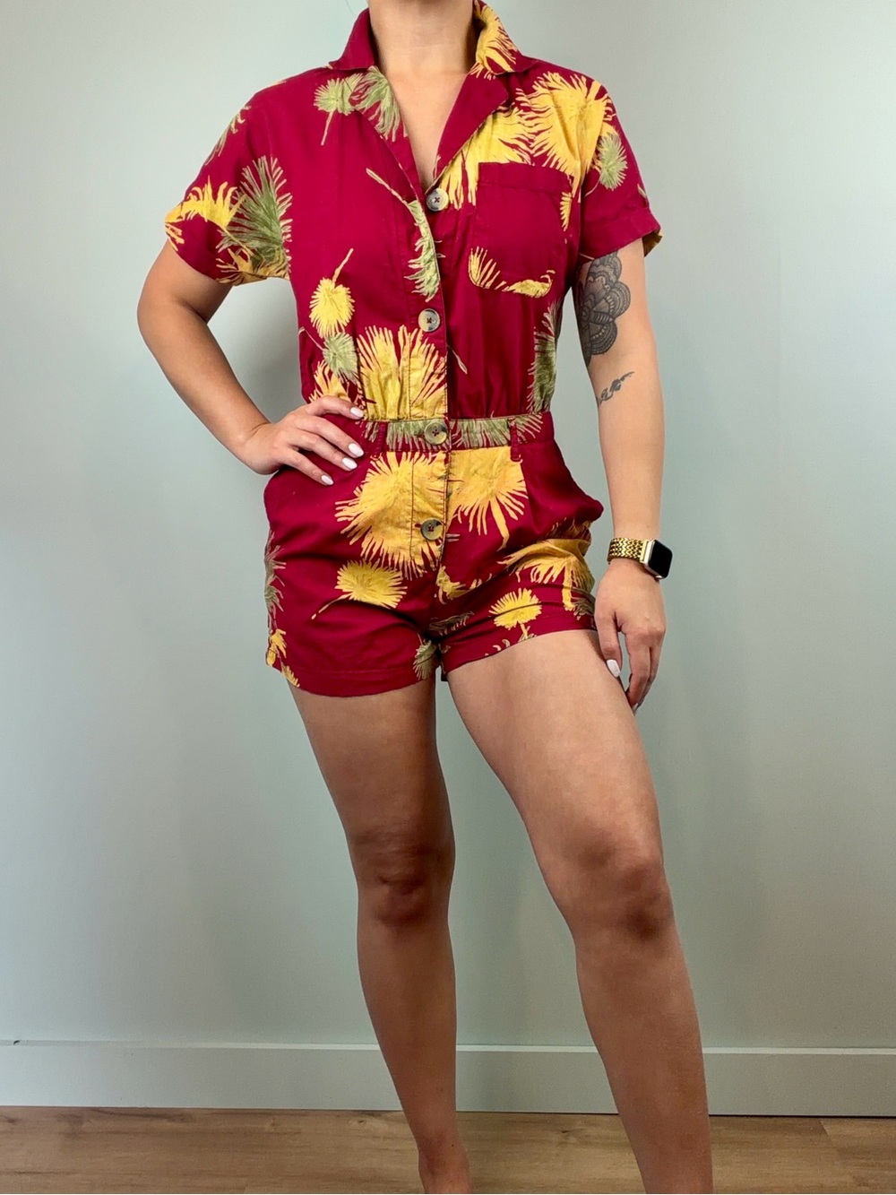 Free People Malibu romper shorts Red Tropical Palm Button down size XS